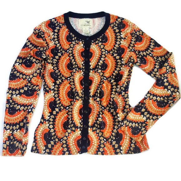 Anthropologie Sweaters - Tabitha Anthro Cardigan Sweater Odval Geometric Navy Orange Ribbed Knit Border M